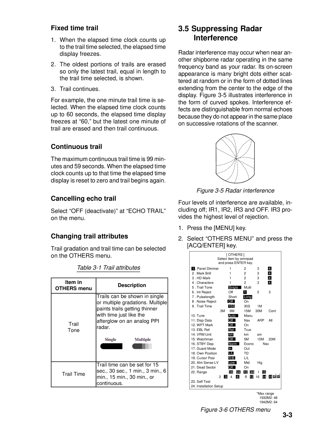 Furuno 1942 MARK-2 manual Suppressing Radar Interference, Fixed time trail, Continuous trail, Cancelling echo trail 