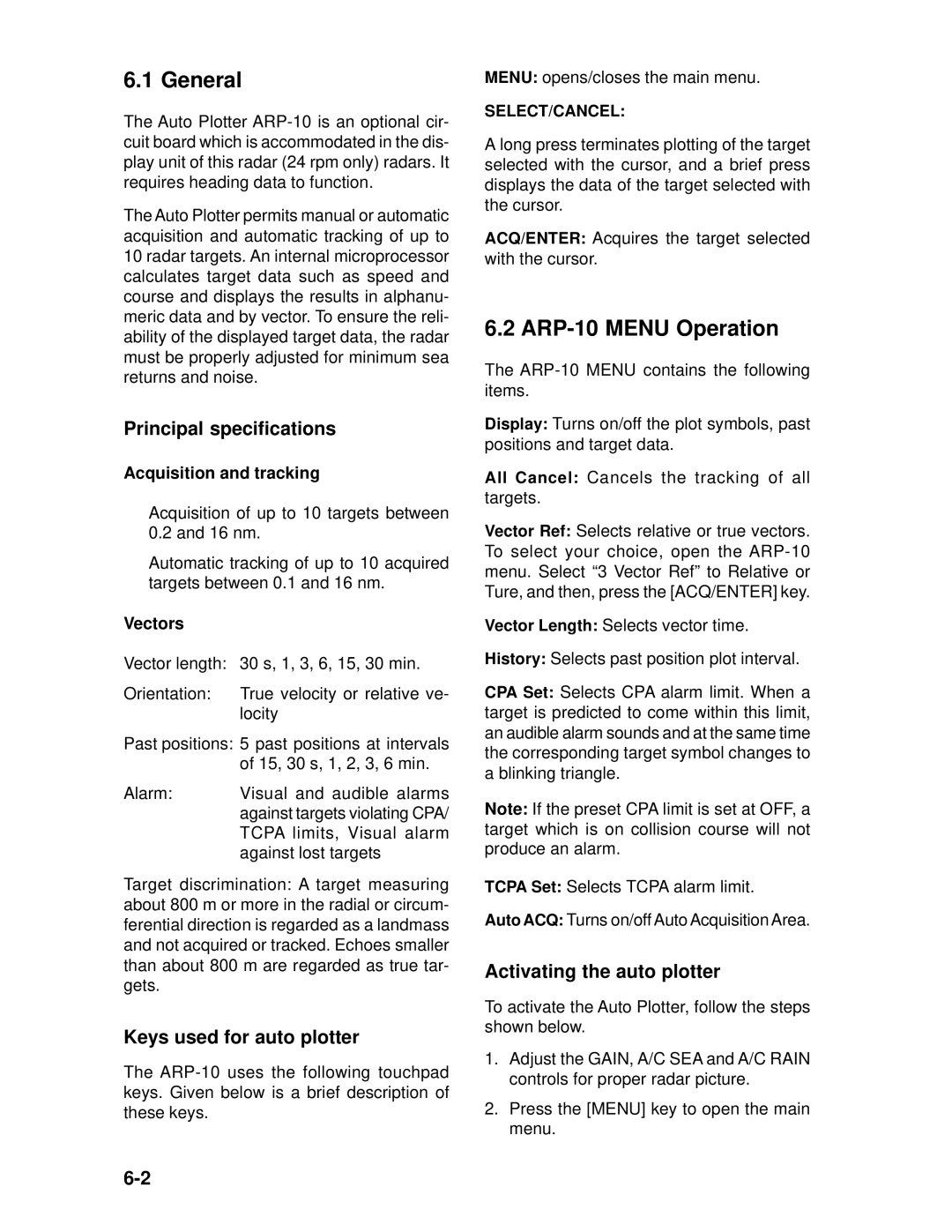 Furuno 1942 MARK-2 manual General, ARP-10 Menu Operation, Principal specifications, Keys used for auto plotter 