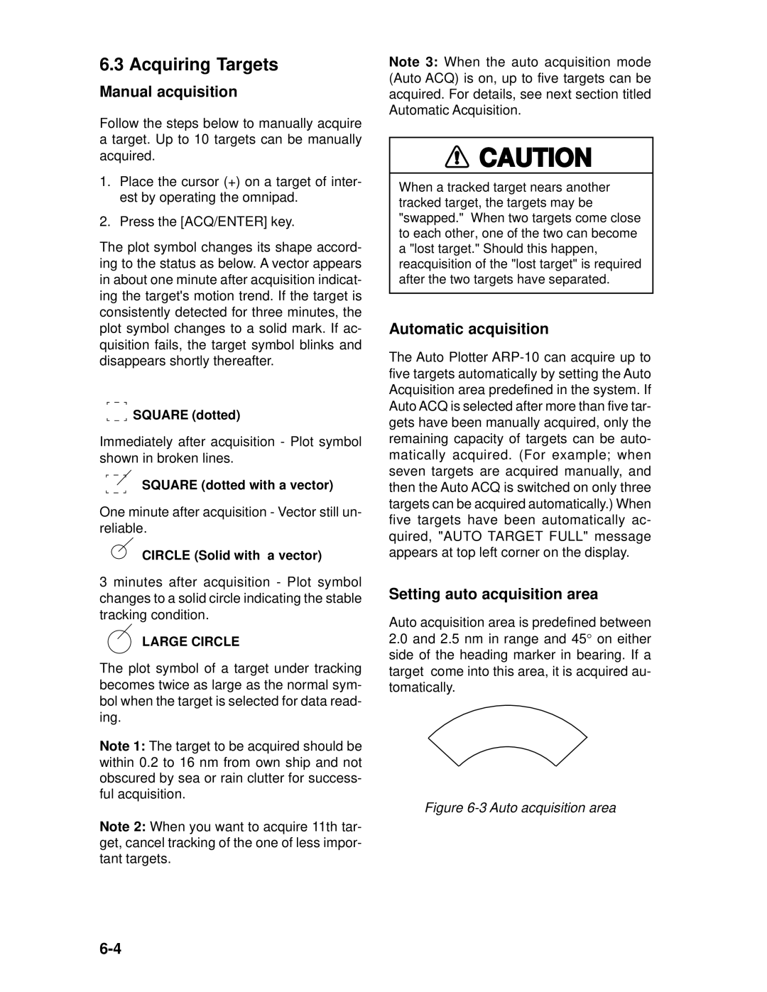 Furuno 1942 MARK-2 manual Acquiring Targets, Manual acquisition, Automatic acquisition, Setting auto acquisition area 