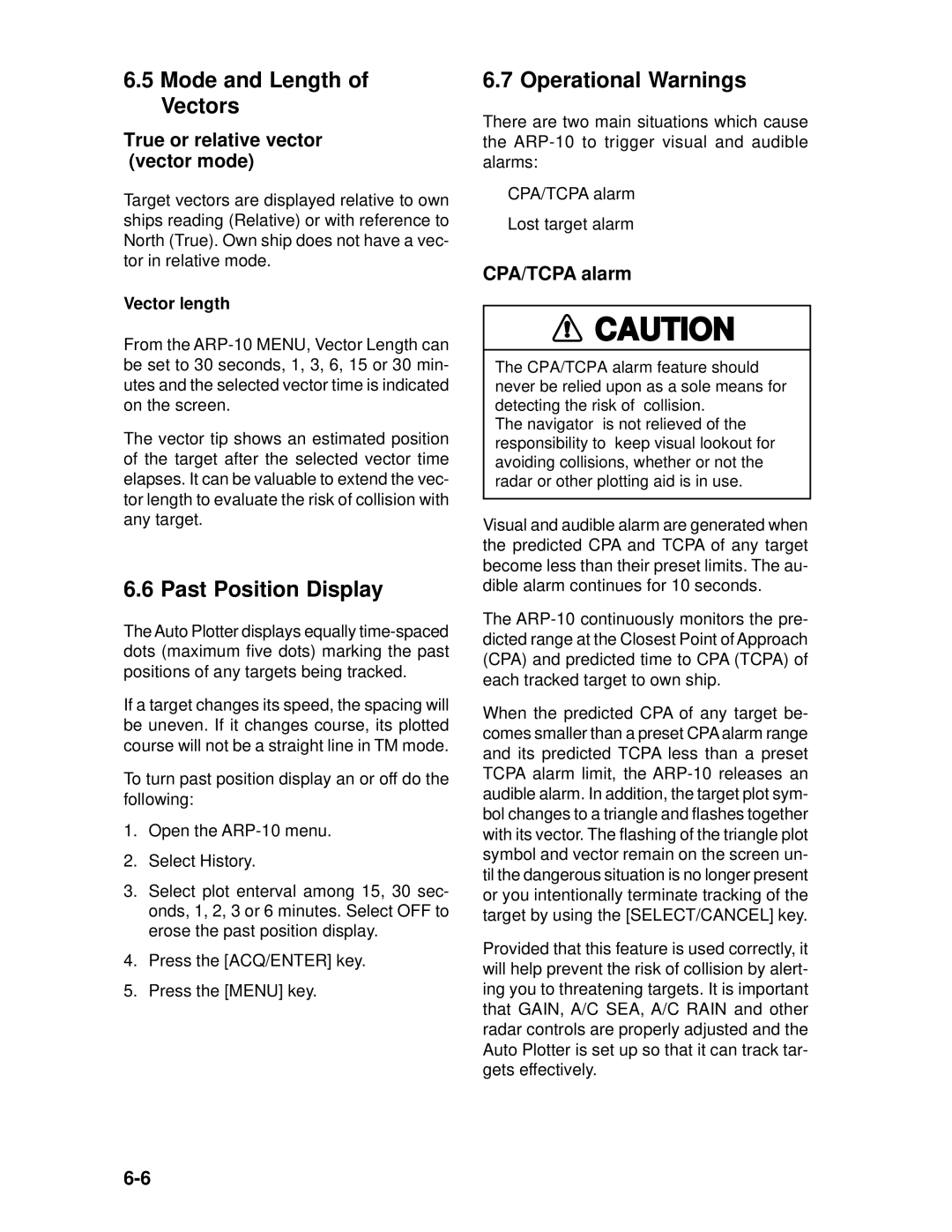 Furuno 1942 MARK-2 manual Mode and Length of Vectors, Past Position Display, Operational Warnings, CPA/TCPA alarm 