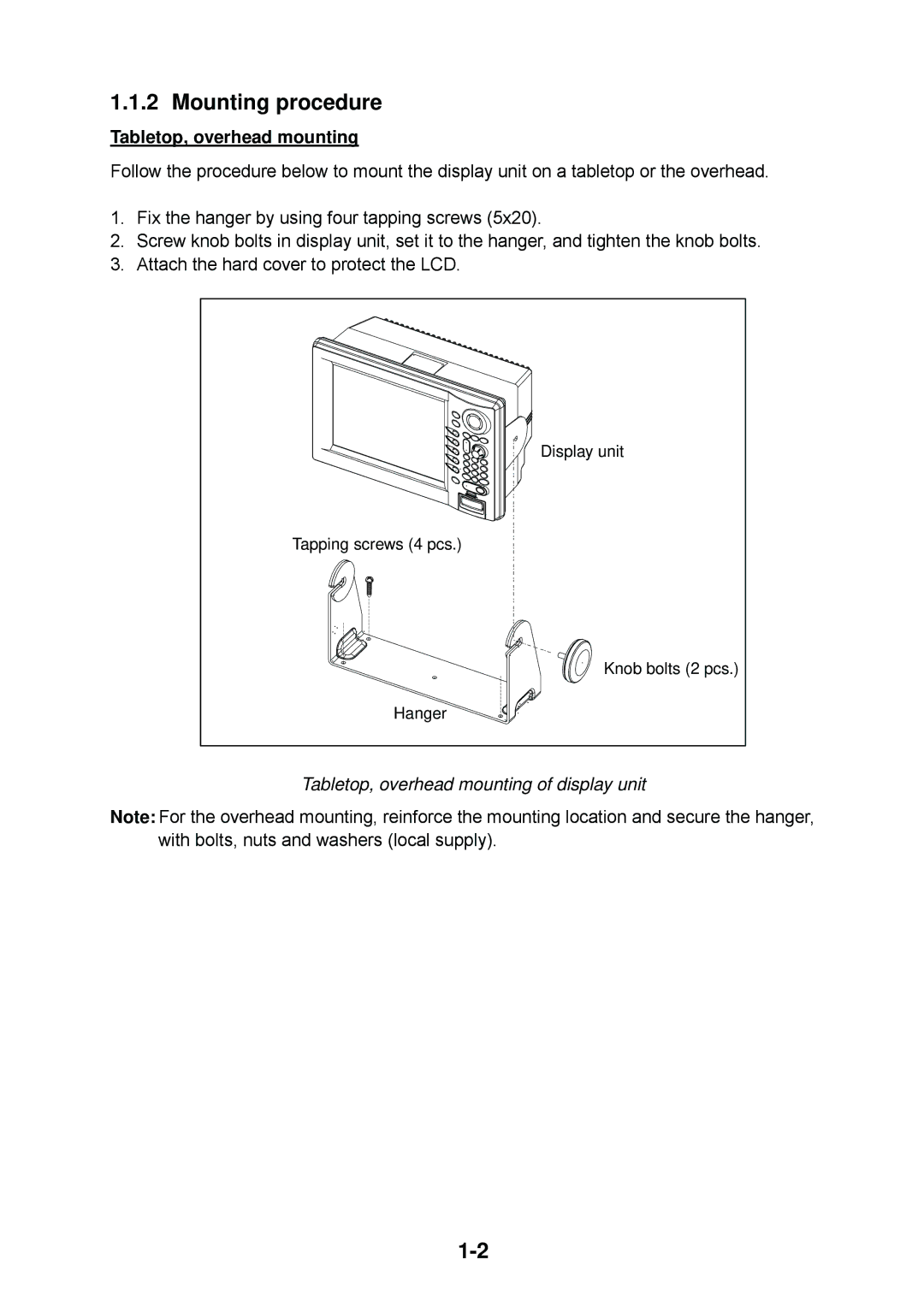 Furuno 1834C, 1954C, 1964C, 1944C, 1934C, 1824C Mounting procedure, Tabletop, overhead mounting of display unit 