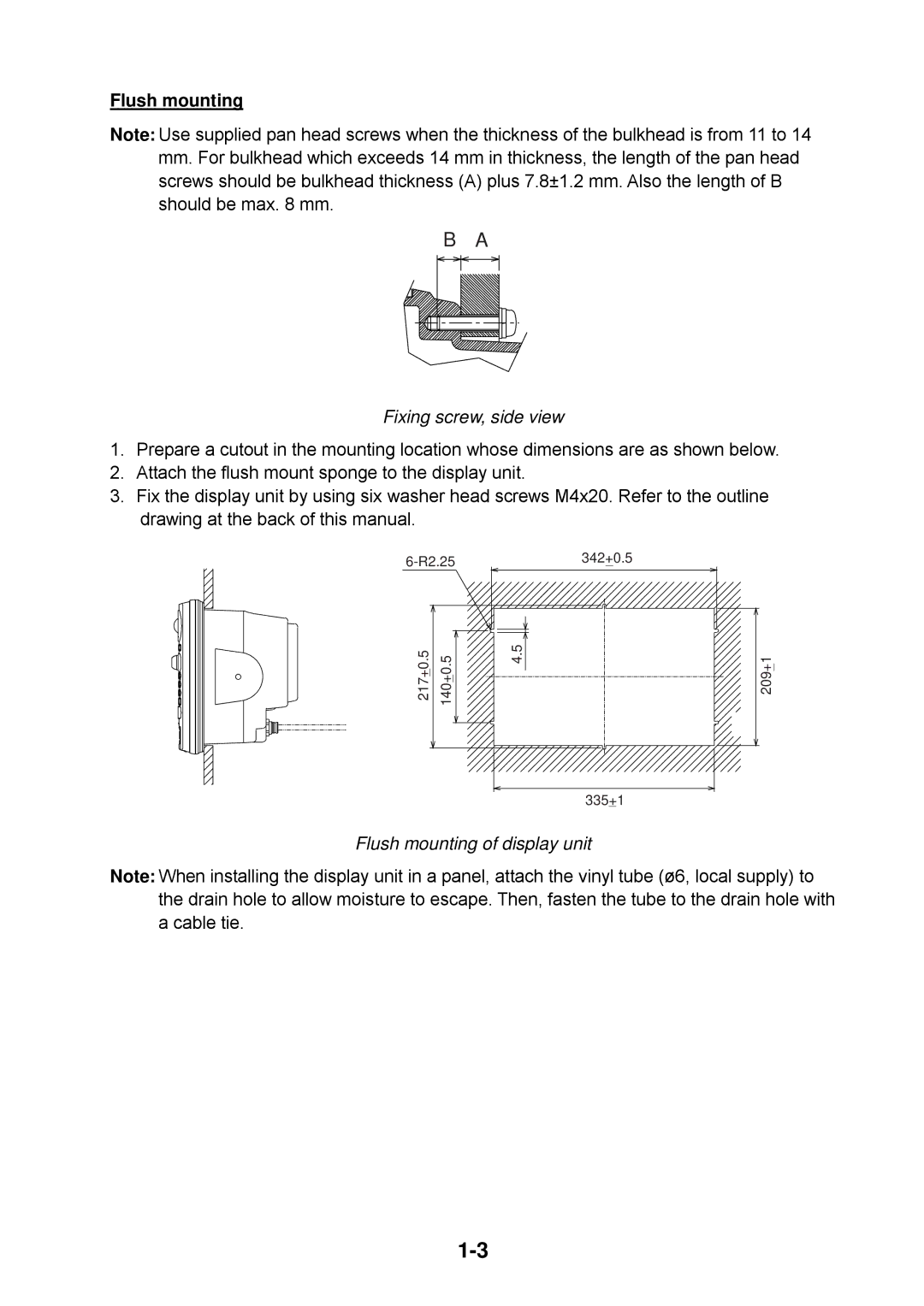 Furuno 1824C, 1954C, 1964C, 1944C, 1934C, 1834C installation manual Fixing screw, side view, Flush mounting of display unit 