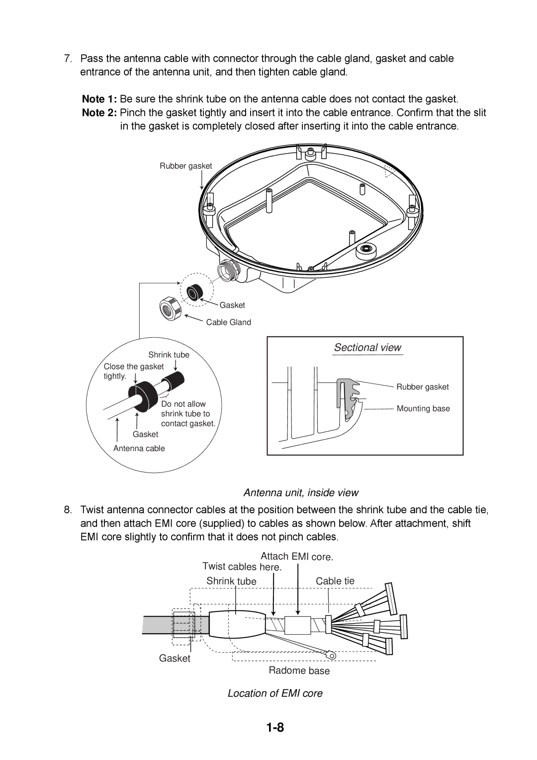 Furuno 1834C, 1954C, 1964C, 1944C, 1934C, 1824C installation manual Sectional view, Location of EMI core 