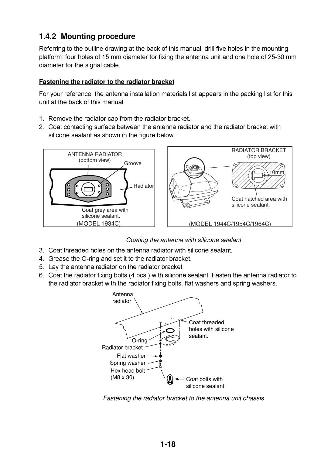 Furuno 1944C, 1954C, 1964C, 1934C Fastening the radiator to the radiator bracket, Coating the antenna with silicone sealant 