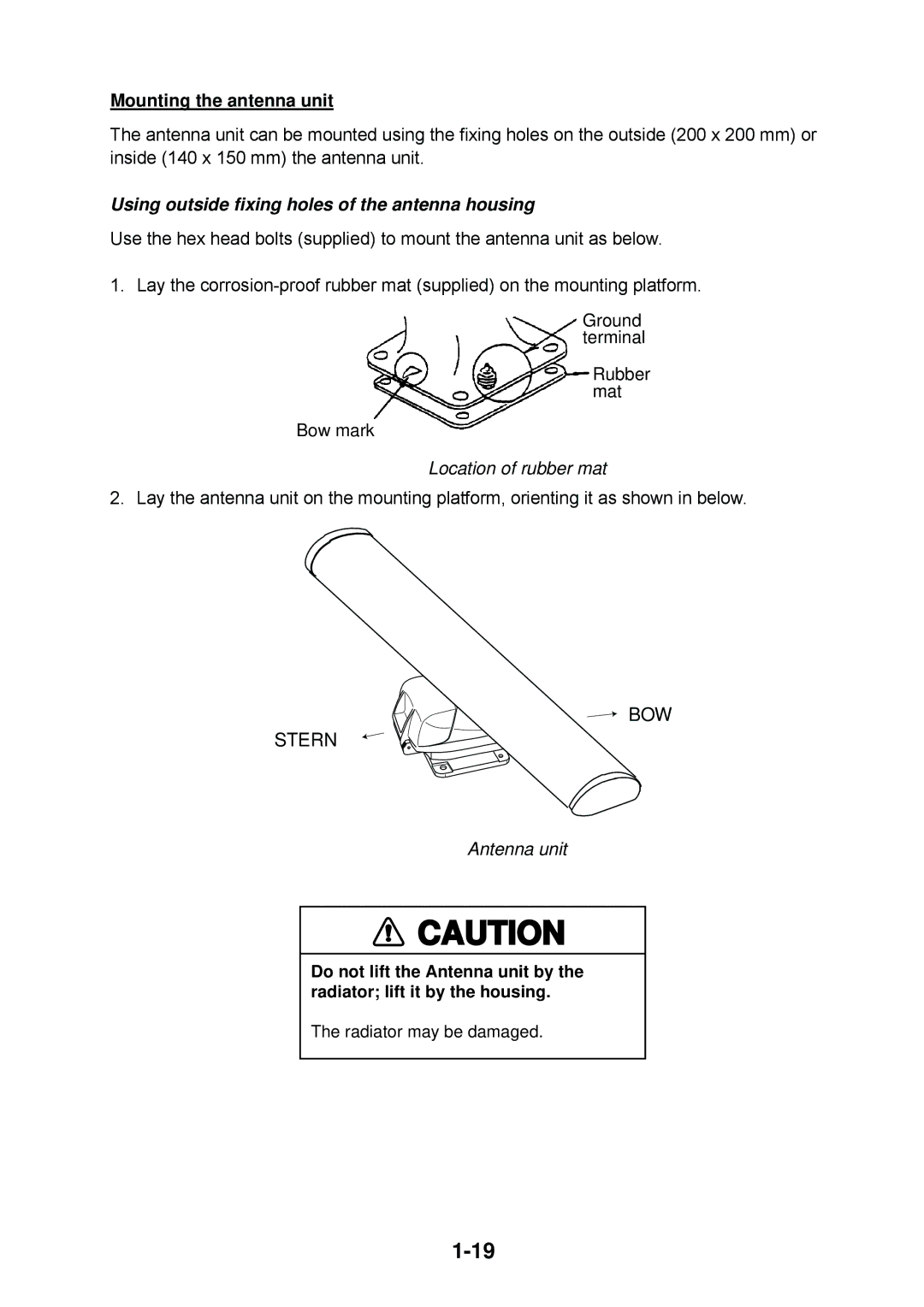 Furuno 1934C, 1954C, 1964C, 1944C, 1834C, 1824C installation manual Mounting the antenna unit, Location of rubber mat 