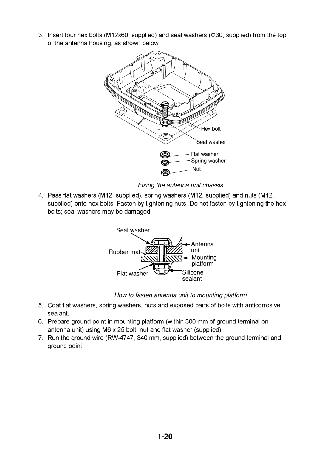 Furuno 1834C, 1954C, 1964C, 1944C, 1934C Fixing the antenna unit chassis, How to fasten antenna unit to mounting platform 