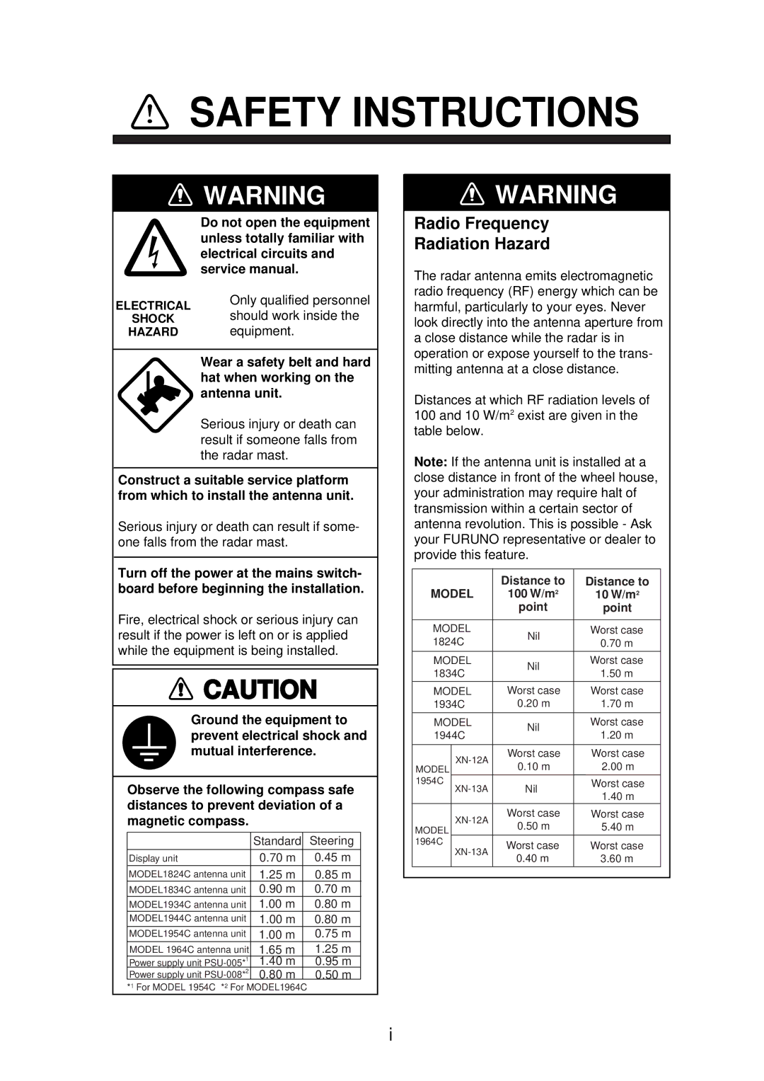 Furuno 1934C, 1954C, 1964C, 1944C, 1834C, 1824C installation manual Safety Instructions 