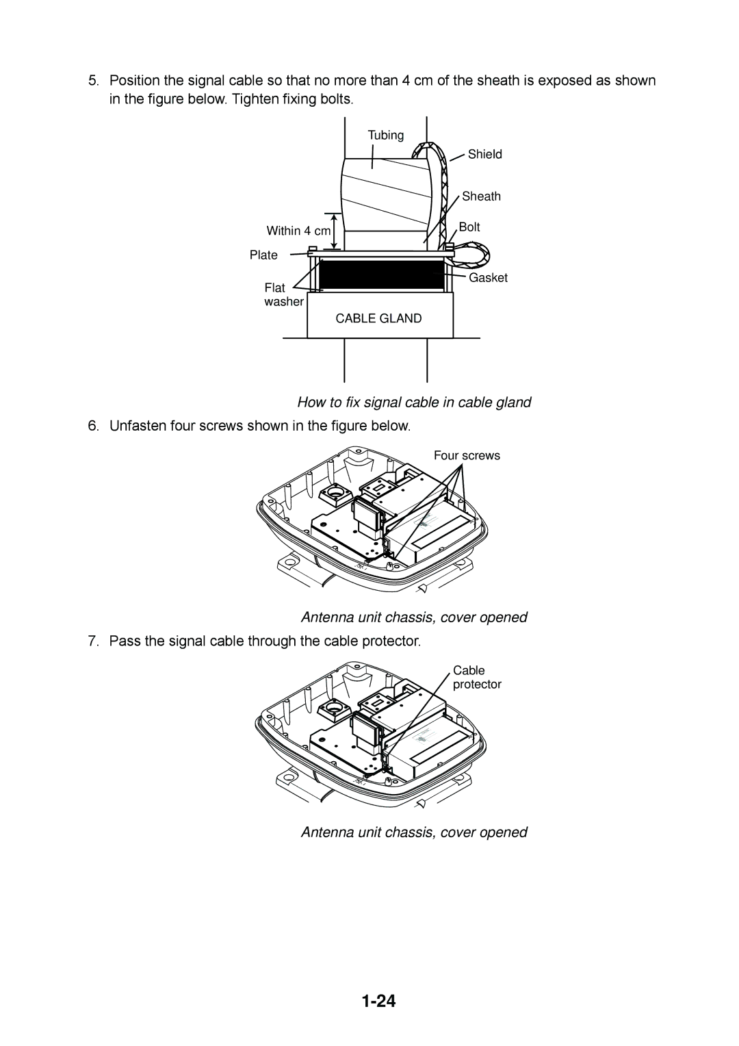 Furuno 1944C, 1954C, 1964C, 1934C, 1834C, 1824C installation manual How to fix signal cable in cable gland 