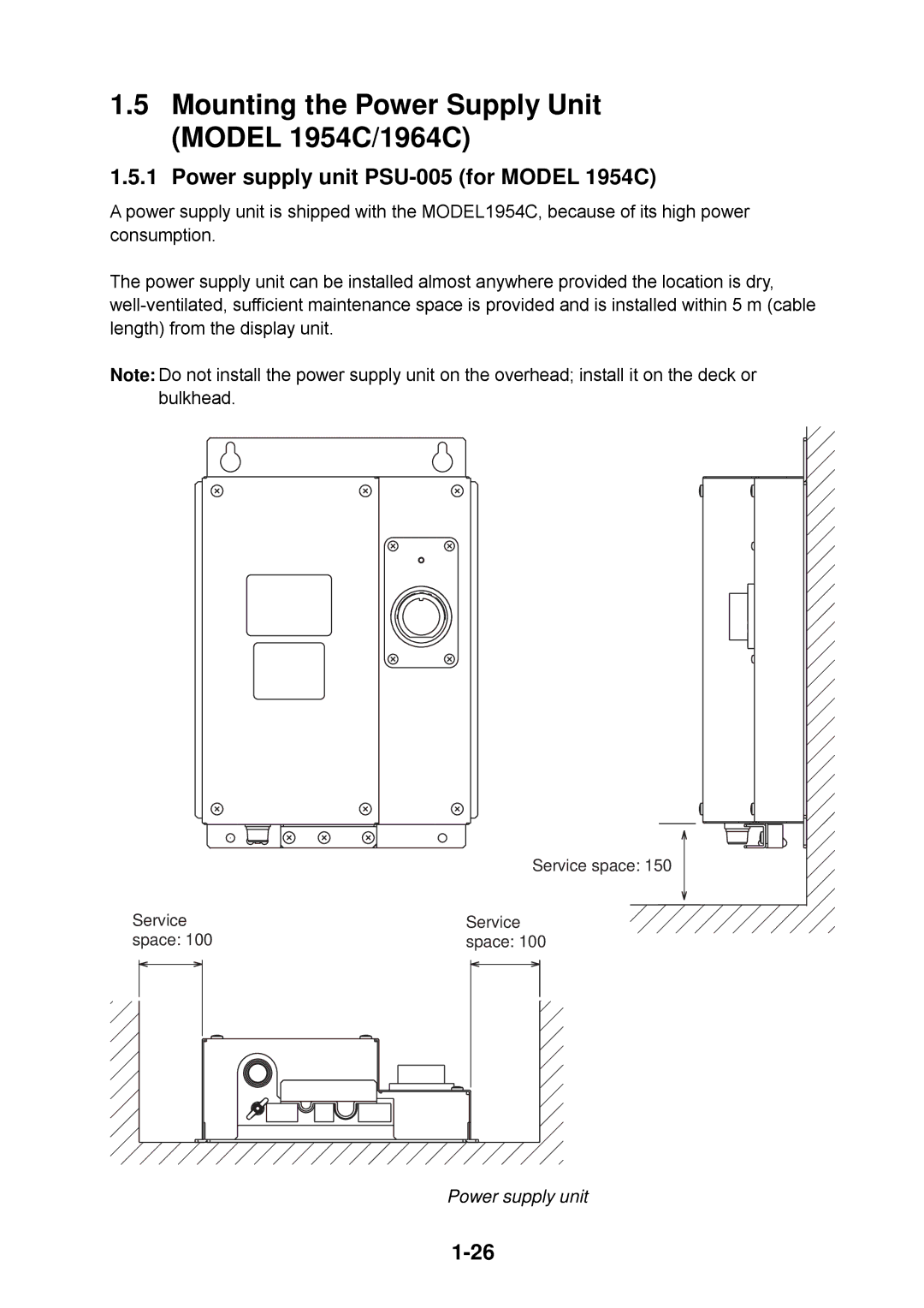 Furuno 1834C, 1944C, 1934C Mounting the Power Supply Unit Model 1954C/1964C, Power supply unit PSU-005 for Model 1954C 