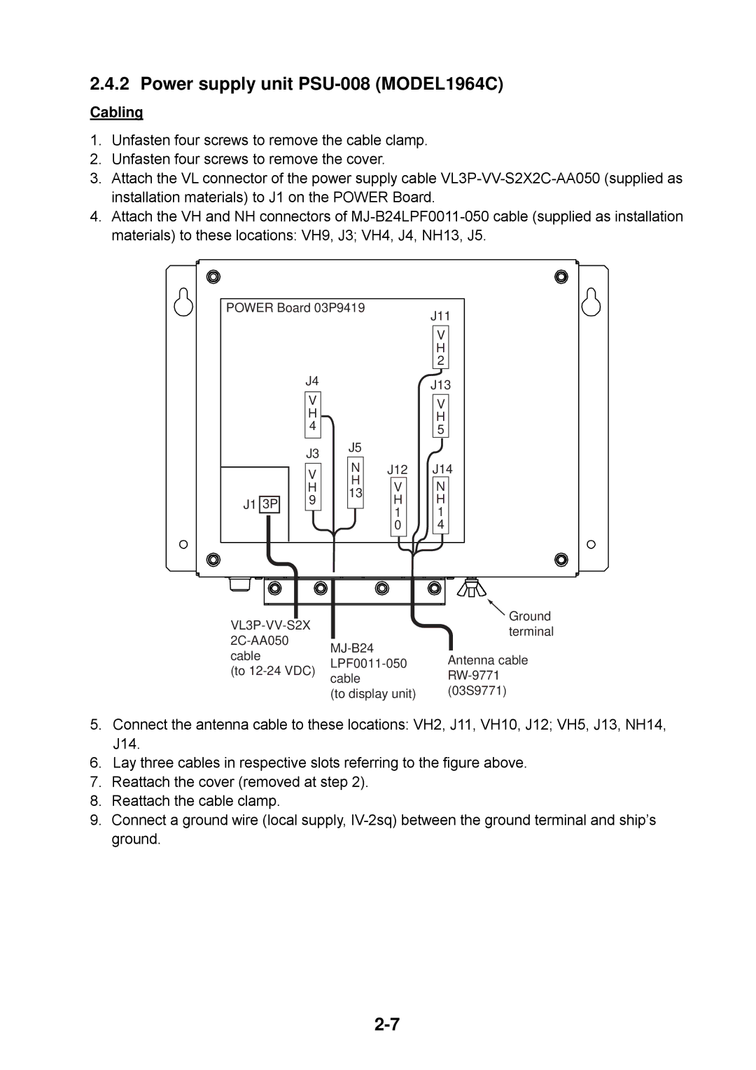 Furuno 1954C, 1944C, 1934C, 1834C, 1824C installation manual Power supply unit PSU-008 MODEL1964C, Cabling 