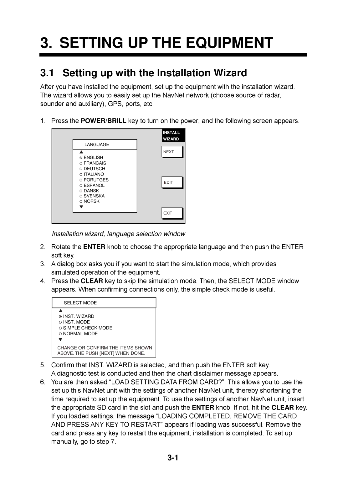 Furuno 1824C, 1954C, 1964C, 1944C Setting up with the Installation Wizard, Installation wizard, language selection window 