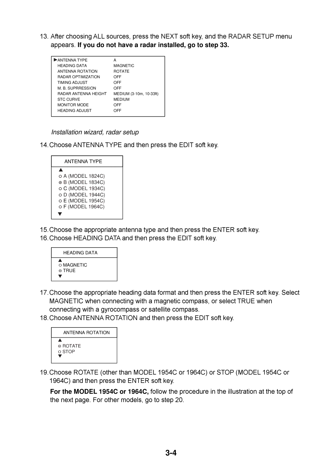 Furuno 1944C, 1954C, 1964C, 1934C, 1834C, 1824C installation manual Installation wizard, radar setup 