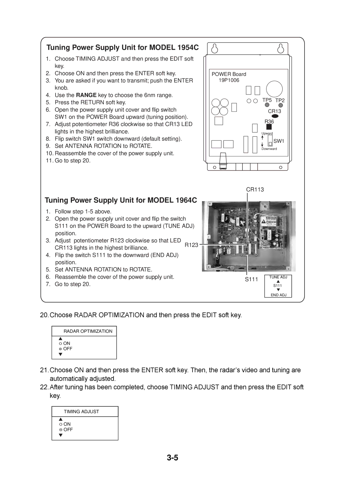 Furuno 1934C, 1964C, 1944C, 1834C, 1824C installation manual Tuning Power Supply Unit for Model 1954C 