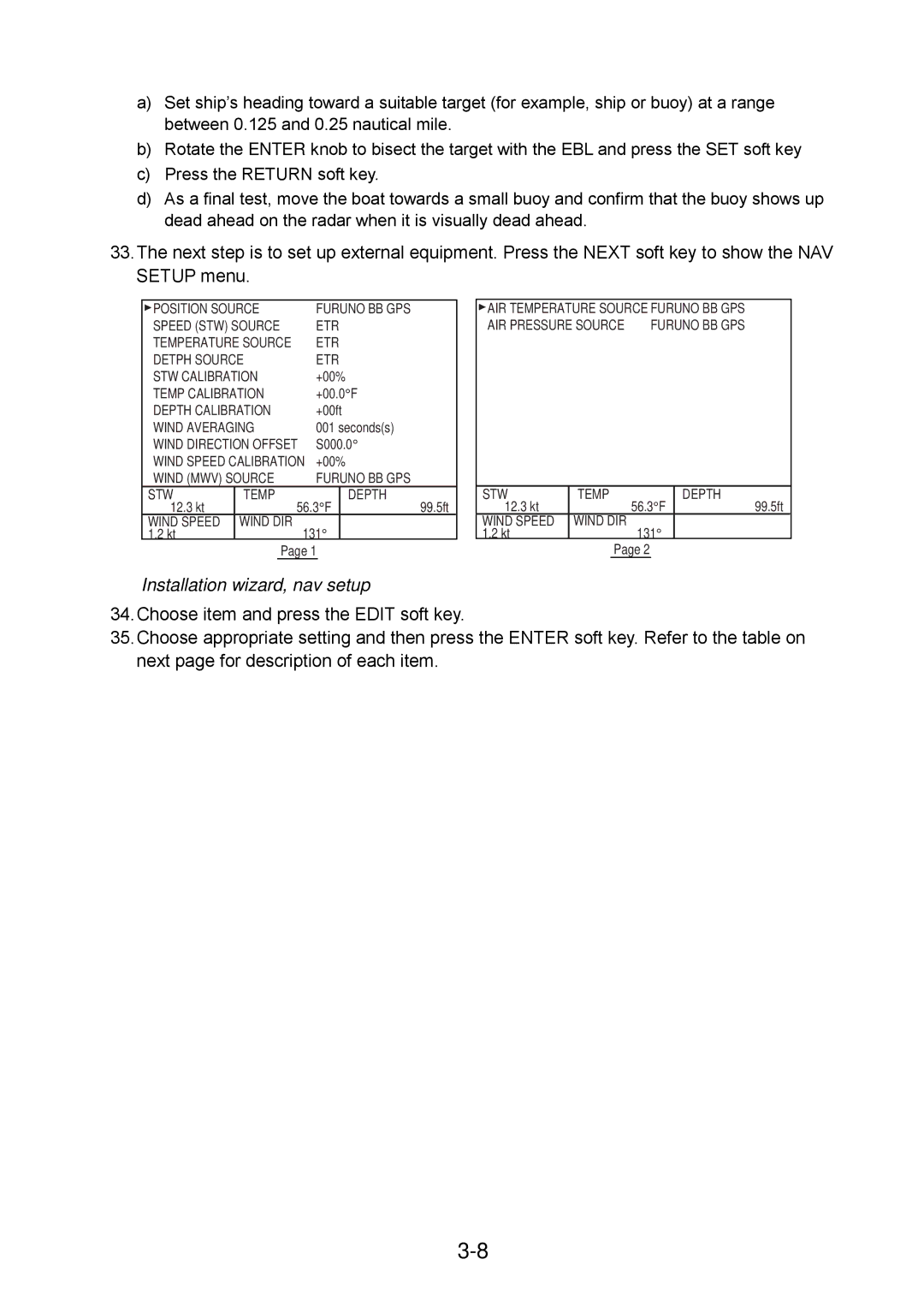 Furuno 1954C, 1964C, 1944C, 1934C, 1834C, 1824C installation manual Installation wizard, nav setup, Wind Averaging 