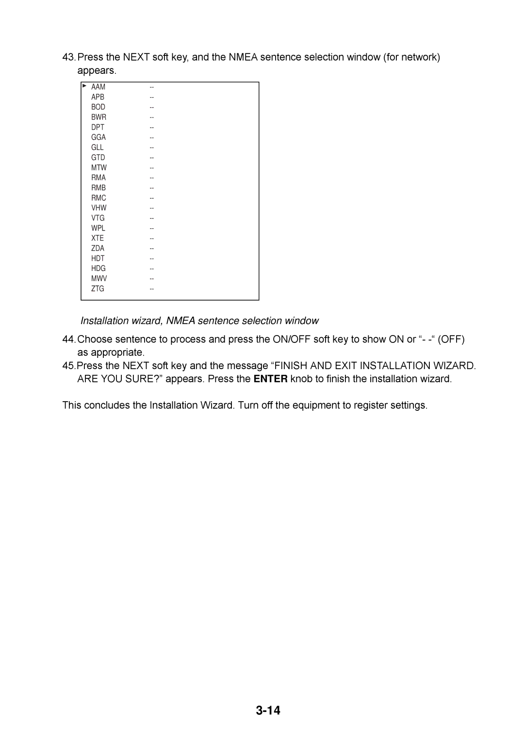 Furuno 1954C, 1964C, 1944C, 1934C, 1834C, 1824C installation manual Installation wizard, Nmea sentence selection window 