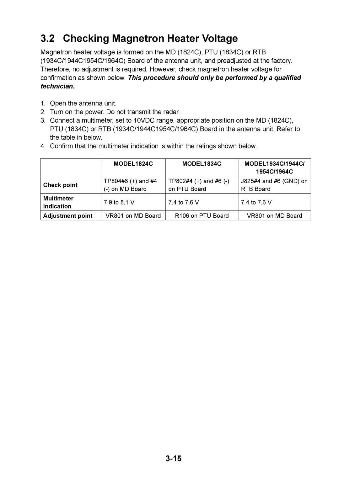 Furuno 1964C, 1954C, 1944C, 1934C installation manual Checking Magnetron Heater Voltage, MODEL1824C MODEL1834C 