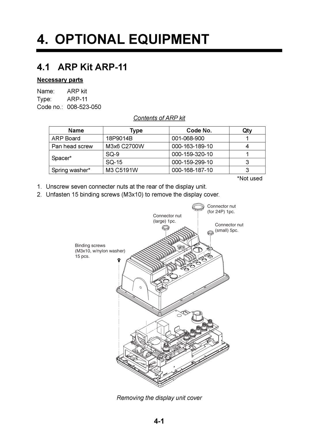 Furuno 1934C ARP Kit ARP-11, Necessary parts, Contents of ARP kit, Name Type Code No Qty, Removing the display unit cover 