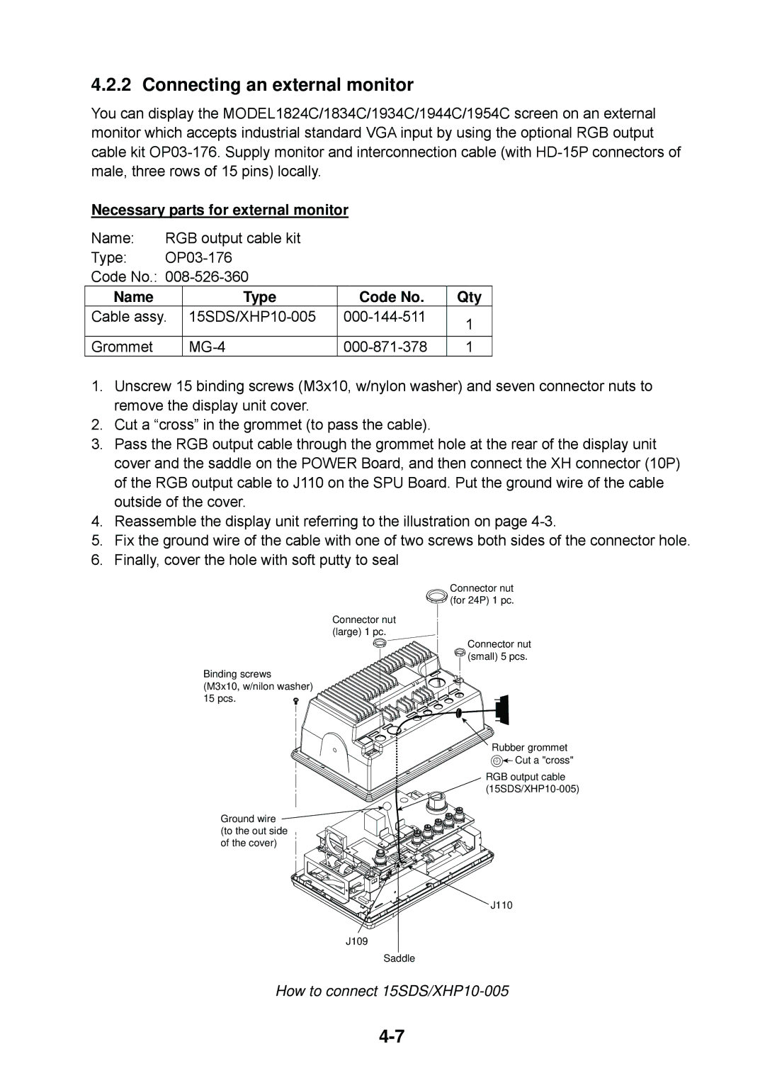 Furuno 1934C, 1954C Connecting an external monitor, Necessary parts for external monitor, How to connect 15SDS/XHP10-005 