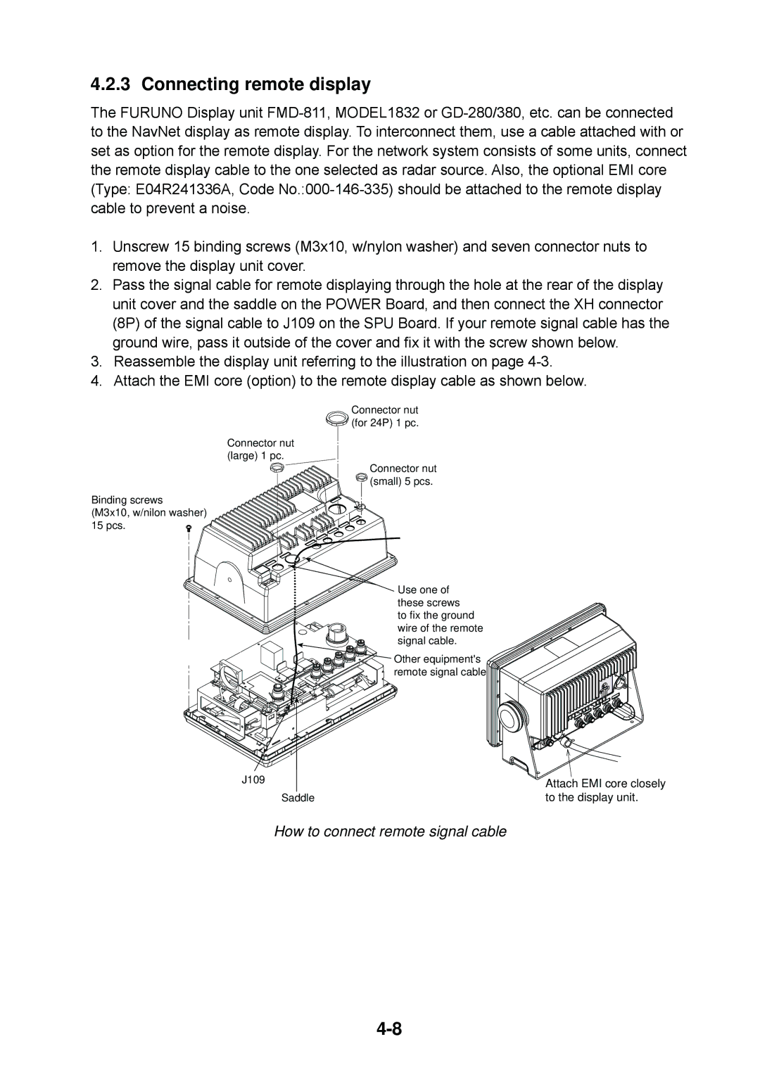 Furuno 1834C, 1954C, 1964C, 1944C, 1934C, 1824C Connecting remote display, How to connect remote signal cable 