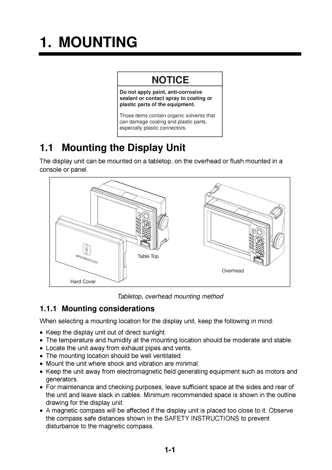 Furuno 1934C, 1954C, 1964C, 1944C Mounting the Display Unit, Mounting considerations, Tabletop, overhead mounting method 