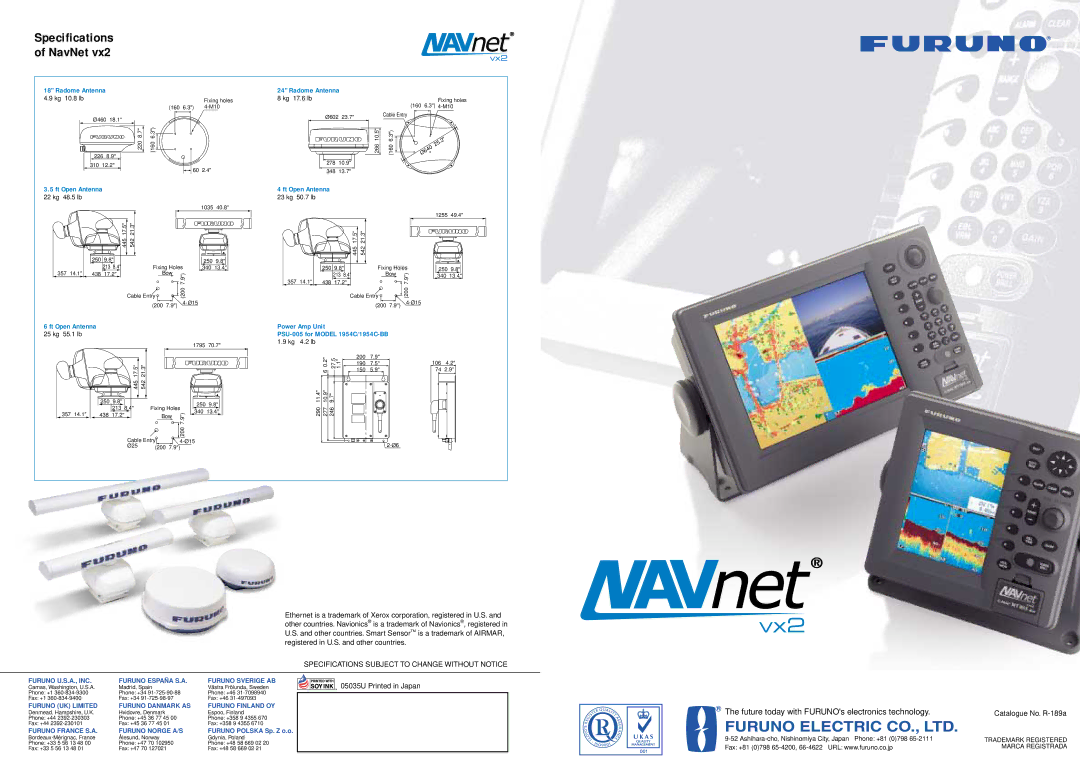 Furuno 1954C specifications 10.8 lb, Kg 17.6 lb, 22 kg 48.5 lb 23 kg 50.7 lb, 25 kg 55.1 lb 