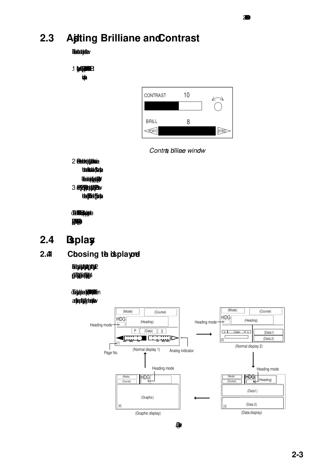 Furuno 500 manual Adjusting Brilliance and Contrast, Displays, Choosing the display mode, Contrast, brilliance window 