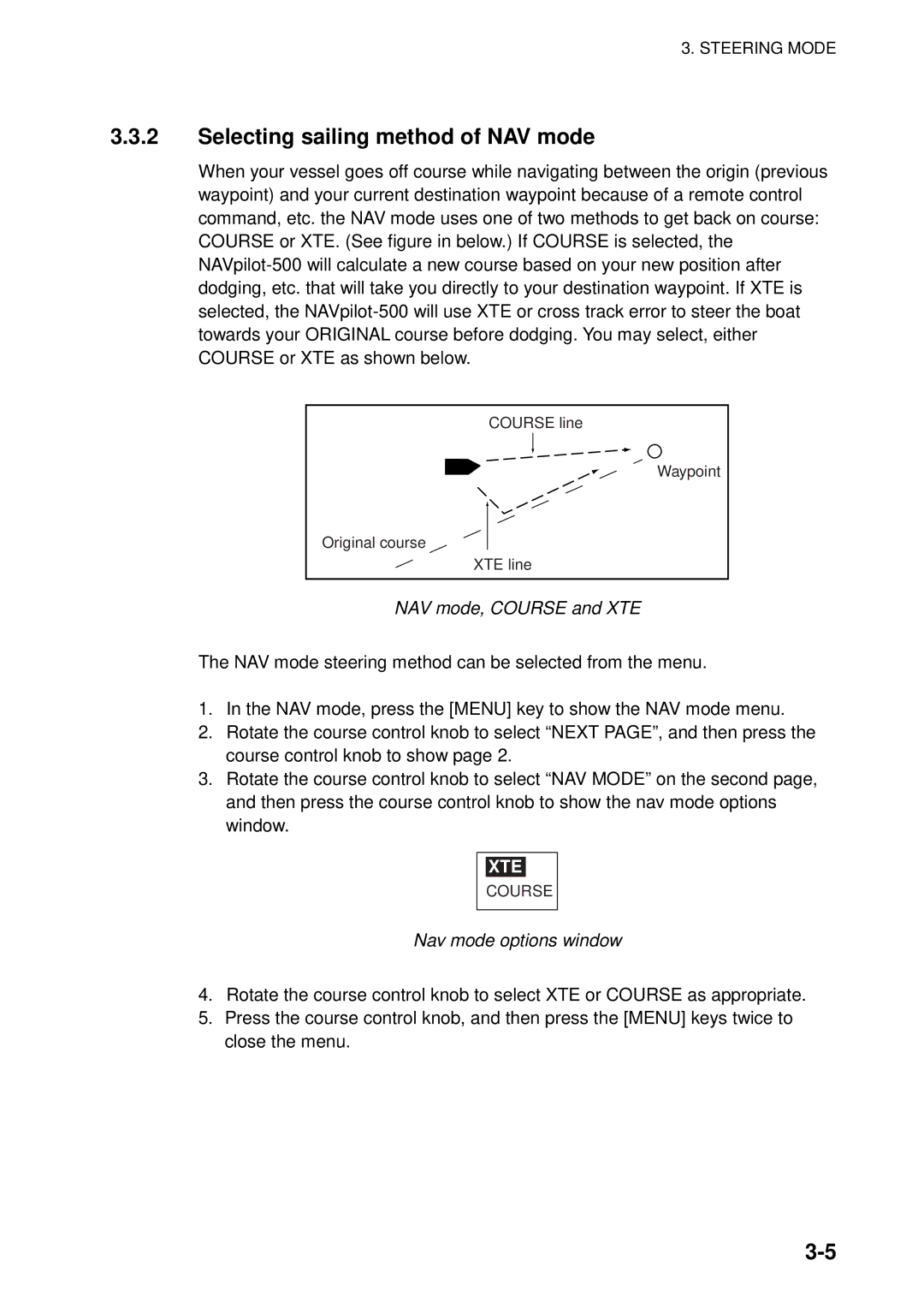 Furuno 500 manual Selecting sailing method of NAV mode, NAV mode, Course and XTE, Nav mode options window 