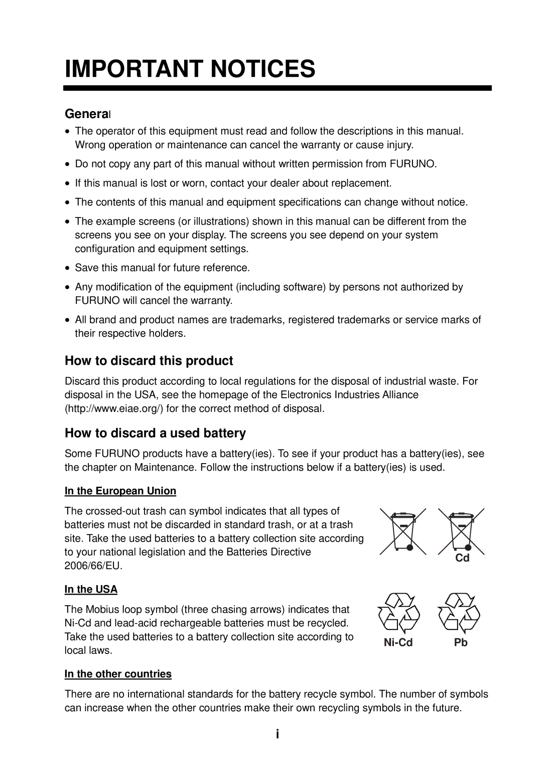 Furuno 500 manual Important Notices, General, How to discard this product How to discard a used battery 