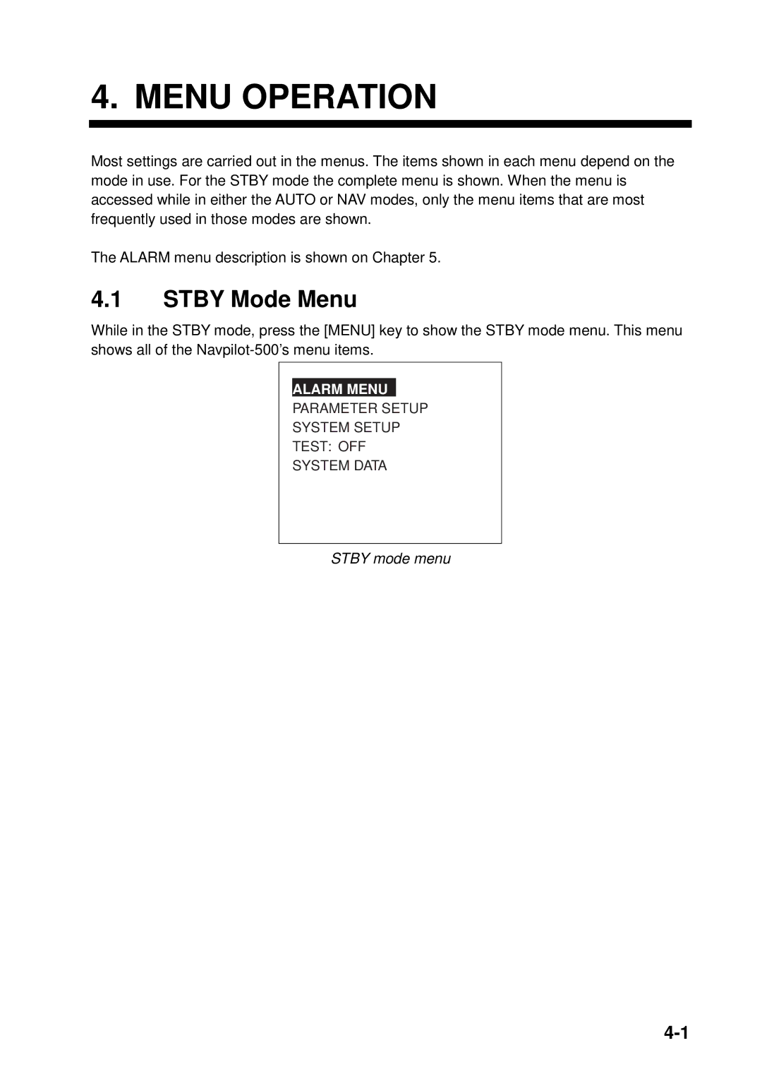 Furuno 500 manual Menu Operation, Stby Mode Menu, Stby mode menu 
