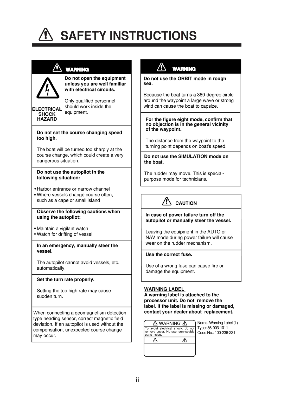 Furuno 500 manual Safety Instructions 