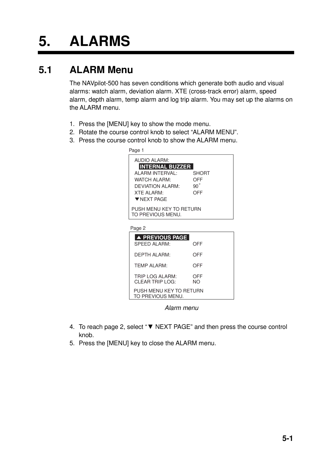 Furuno 500 manual Alarms, Alarm Menu, Alarm menu 