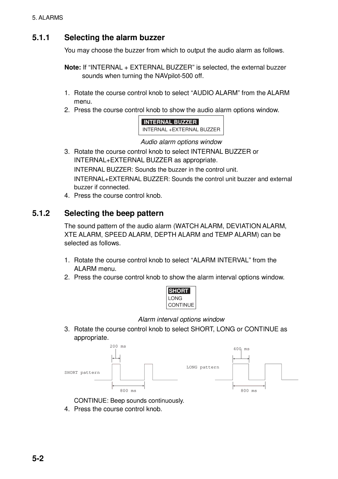 Furuno 500 manual Selecting the alarm buzzer, Selecting the beep pattern, Audio alarm options window 