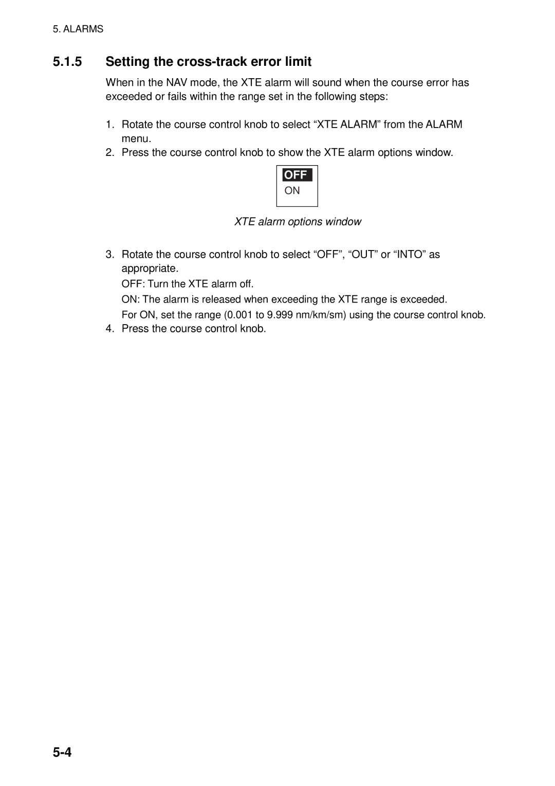 Furuno 500 manual Setting the cross-track error limit, XTE alarm options window 