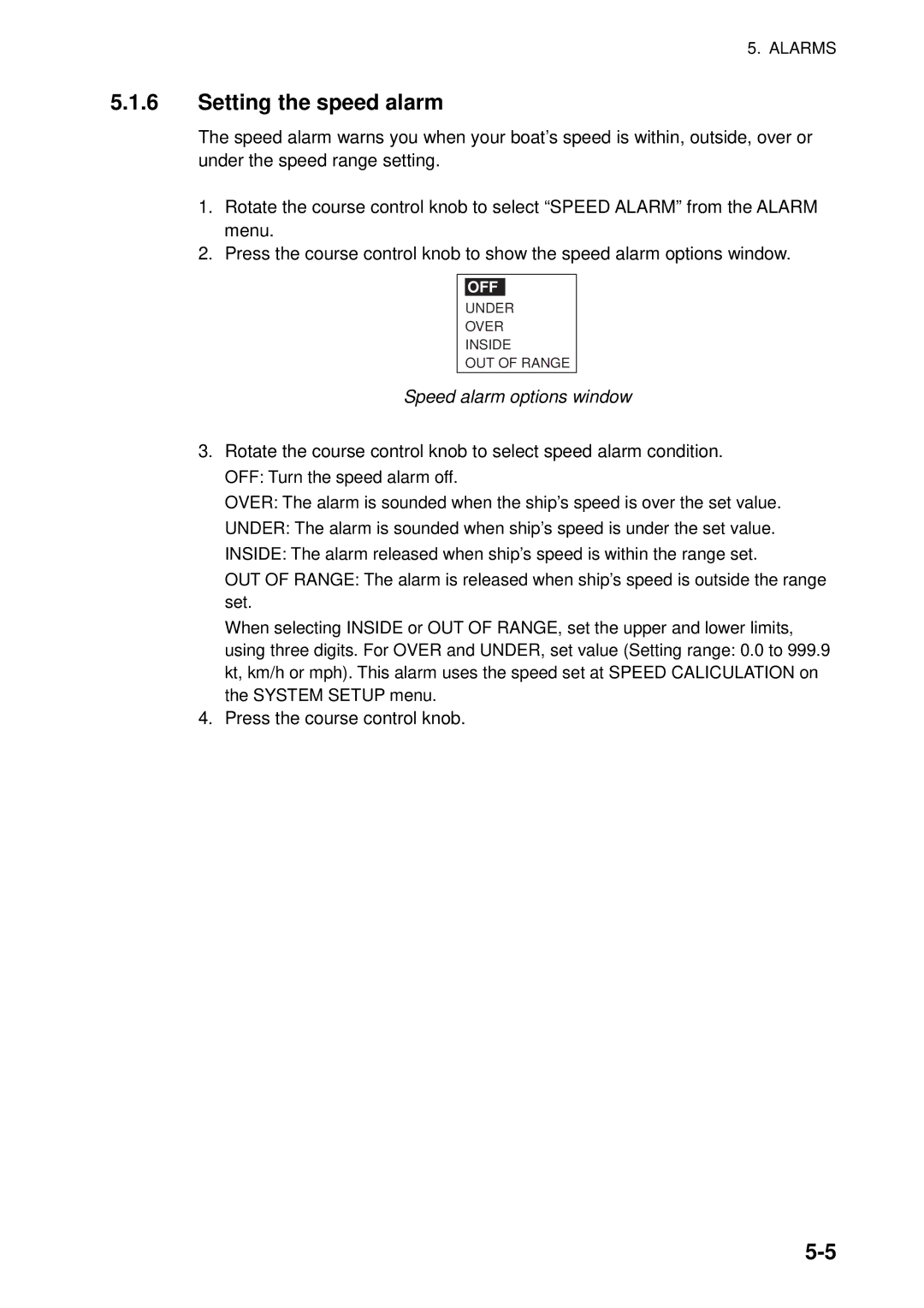 Furuno 500 manual Setting the speed alarm, Speed alarm options window 