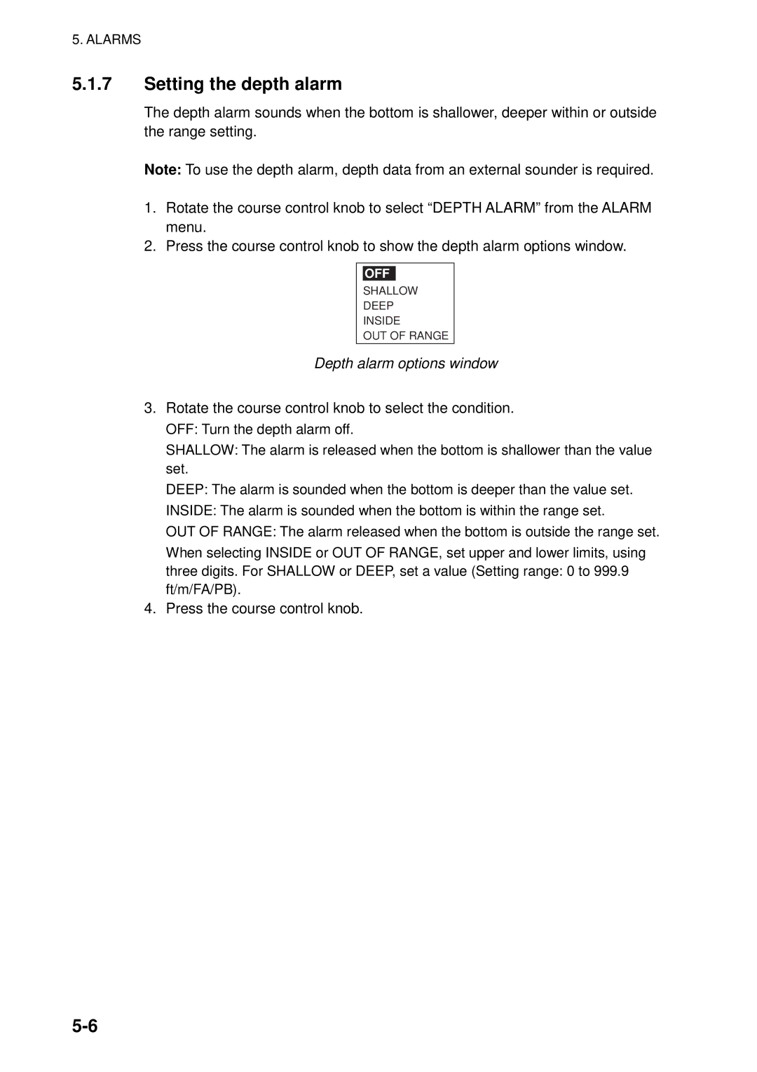 Furuno 500 manual Setting the depth alarm, Depth alarm options window 