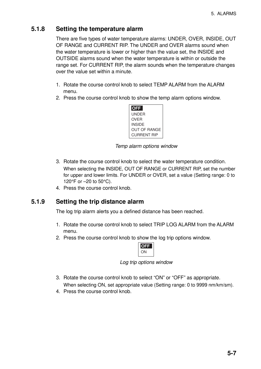 Furuno 500 manual Setting the temperature alarm, Setting the trip distance alarm, Temp alarm options window 