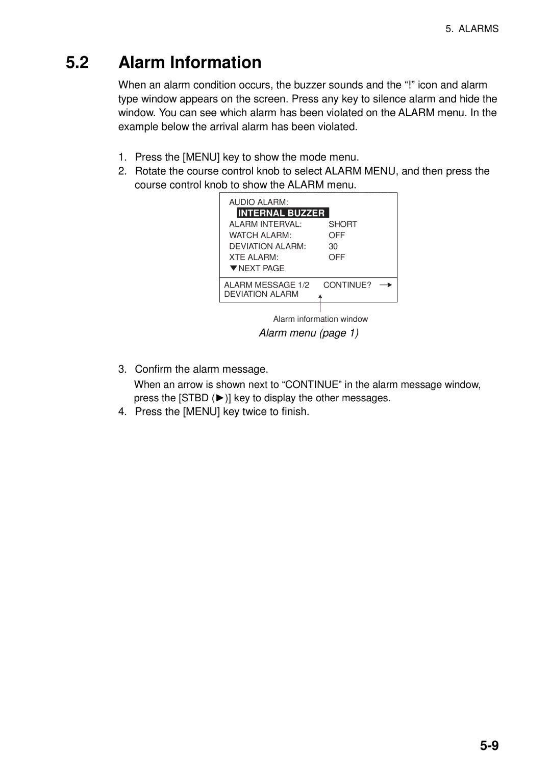 Furuno 500 manual Alarm Information, Alarm menu 