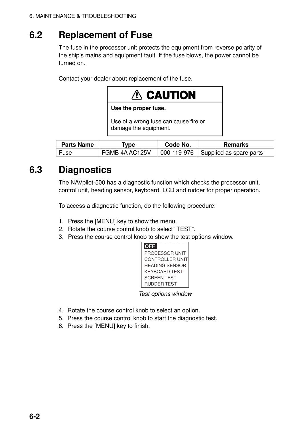 Furuno 500 manual Replacement of Fuse, Diagnostics, Parts Name Type Code No Remarks, Test options window 