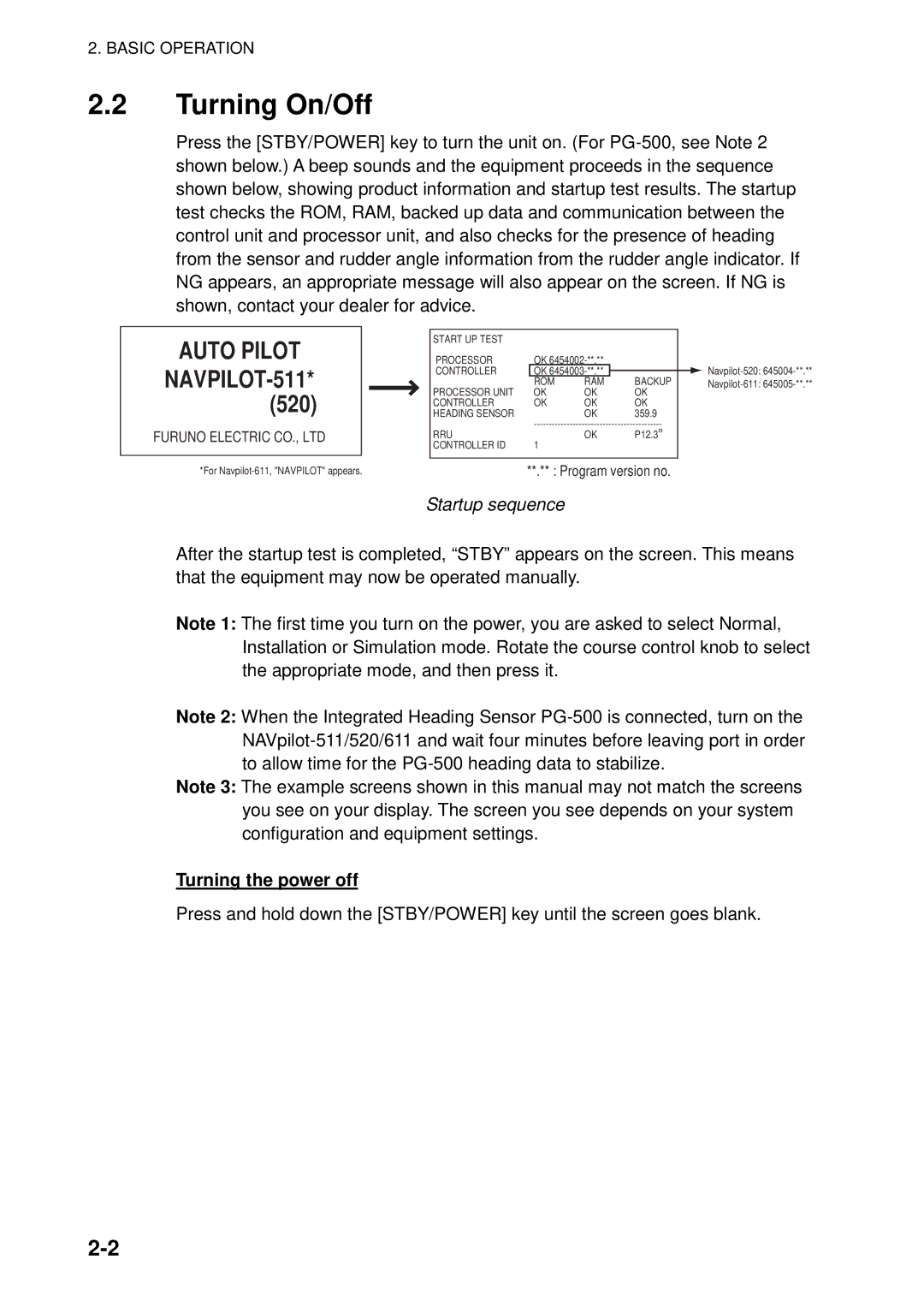 Furuno 511, 520, 611 manual Turning On/Off, Startup sequence, Turning the power off 