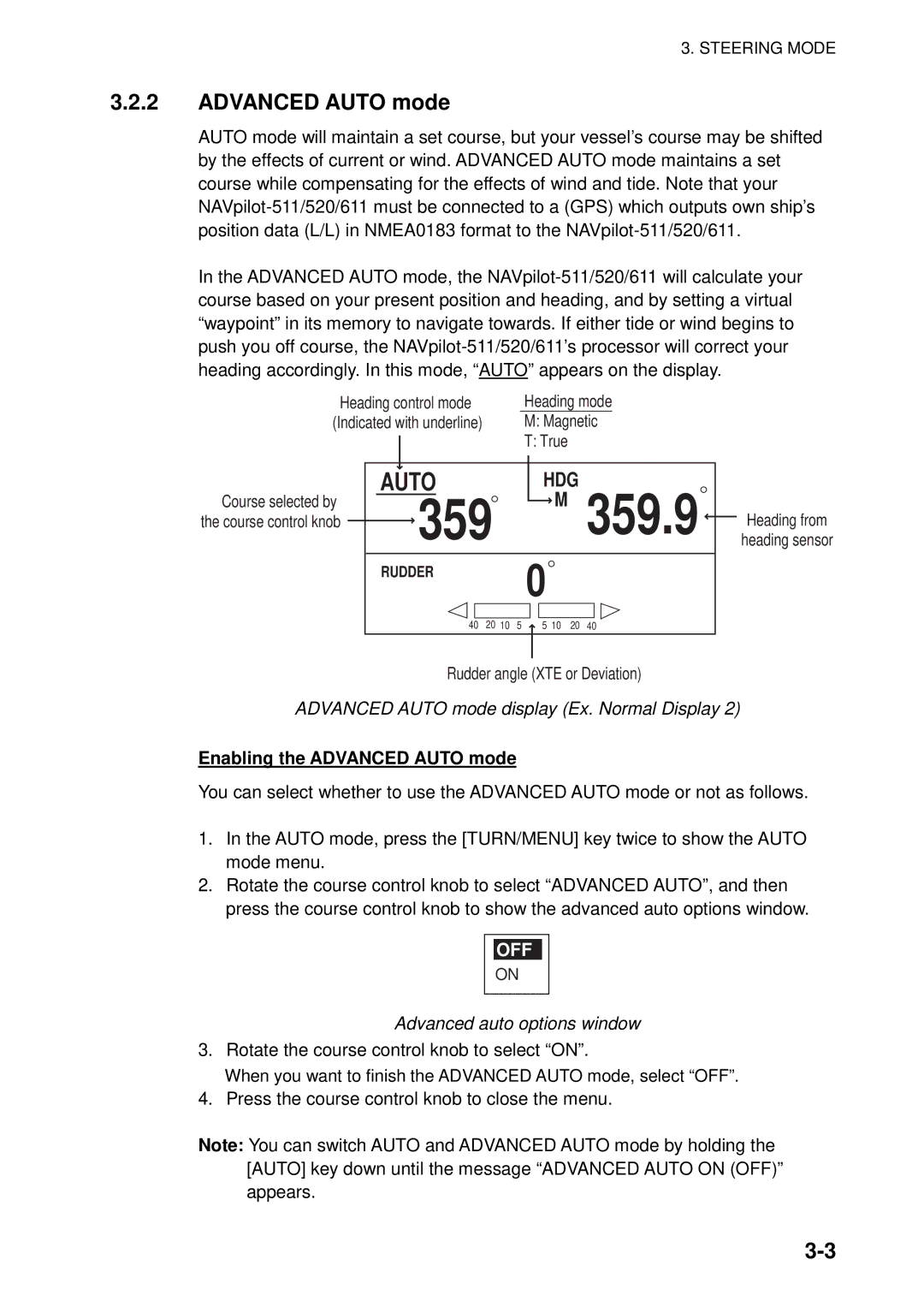 Furuno 520, 511, 611 manual Advanced Auto mode display Ex. Normal Display, Enabling the Advanced Auto mode 