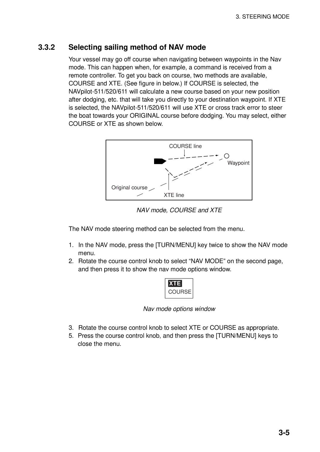 Furuno 511, 520, 611 manual Selecting sailing method of NAV mode, NAV mode, Course and XTE, Nav mode options window 