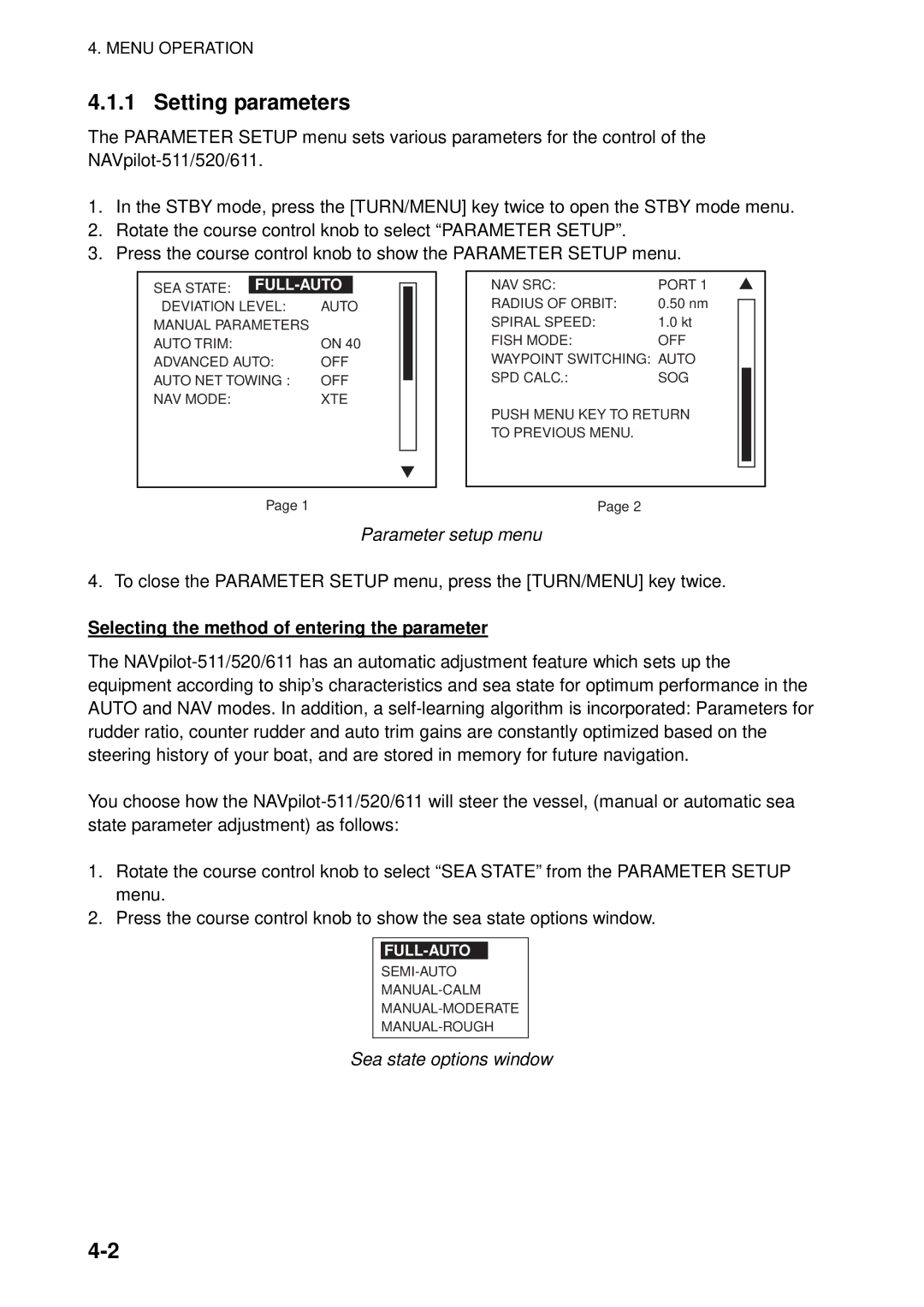 Furuno 520, 511, 611 manual Setting parameters, Parameter setup menu, Selecting the method of entering the parameter 