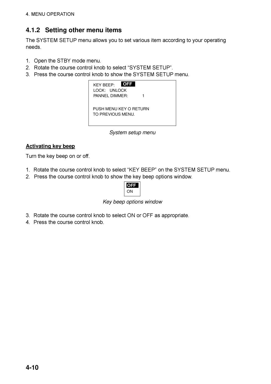 Furuno 511, 520, 611 manual Setting other menu items, System setup menu, Activating key beep, Key beep options window 