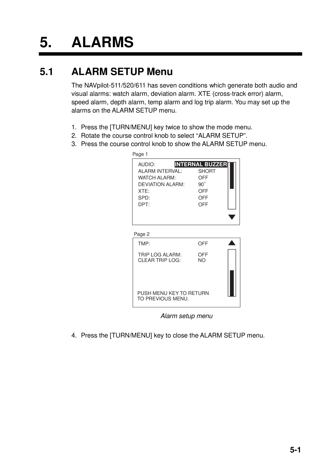 Furuno 511, 520, 611 manual Alarms, Alarm Setup Menu, Alarm setup menu 