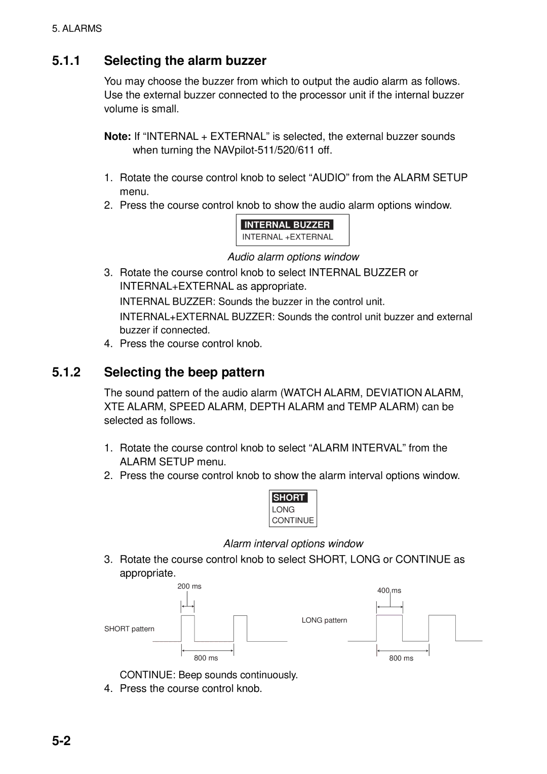 Furuno 520, 511, 611 manual Selecting the alarm buzzer, Selecting the beep pattern, Audio alarm options window 