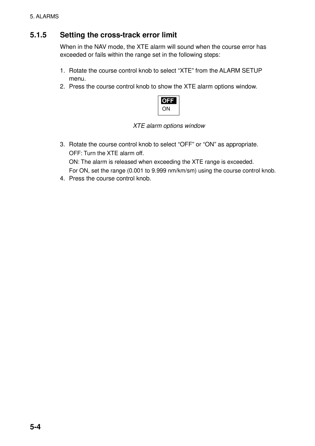 Furuno 511, 520, 611 manual Setting the cross-track error limit, XTE alarm options window 