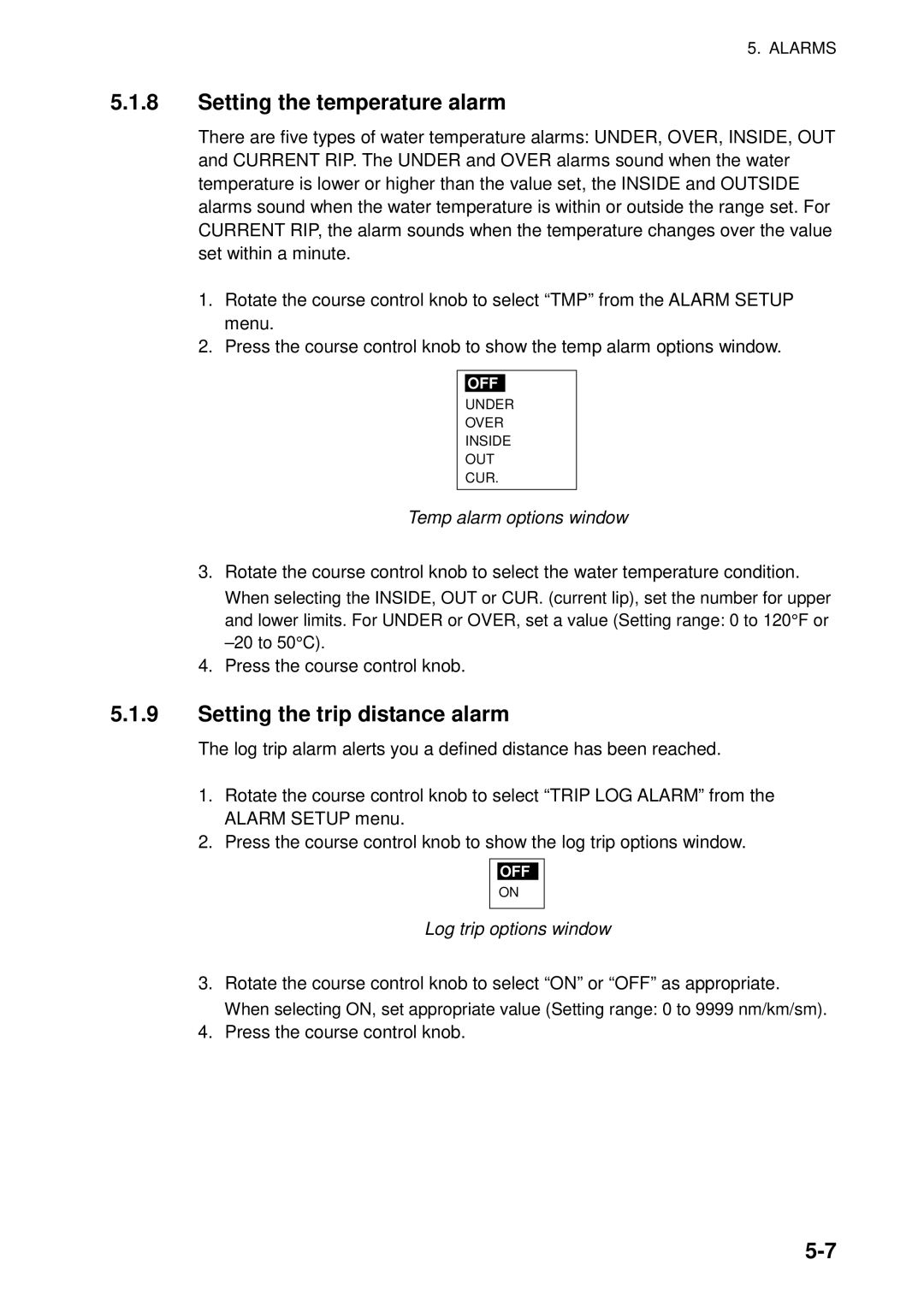 Furuno 511, 520, 611 manual Setting the temperature alarm, Setting the trip distance alarm, Temp alarm options window 