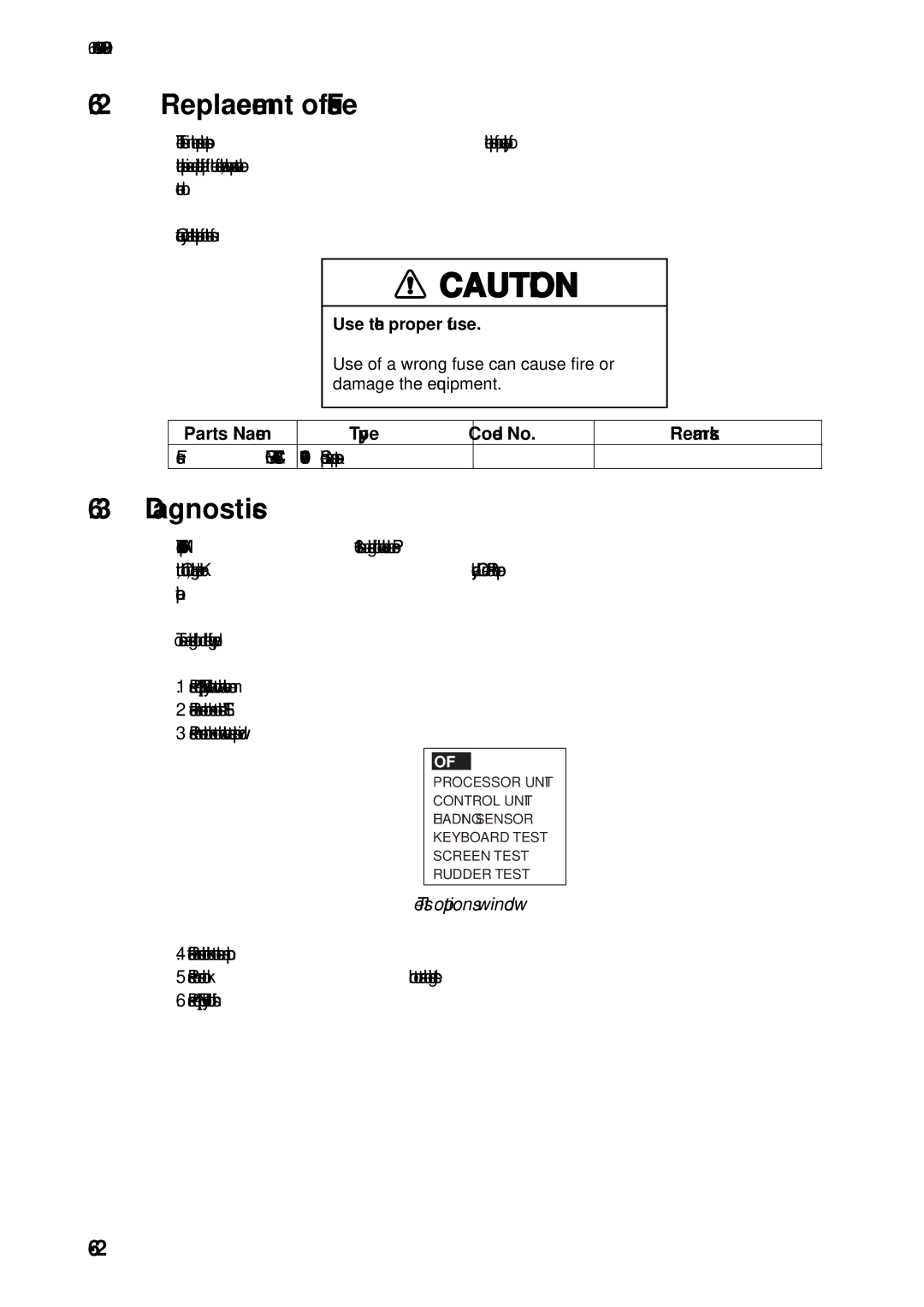 Furuno 611, 511, 520 manual Replacement of Fuse, Diagnostics, Parts Name Type Code No Remarks, Test options window 