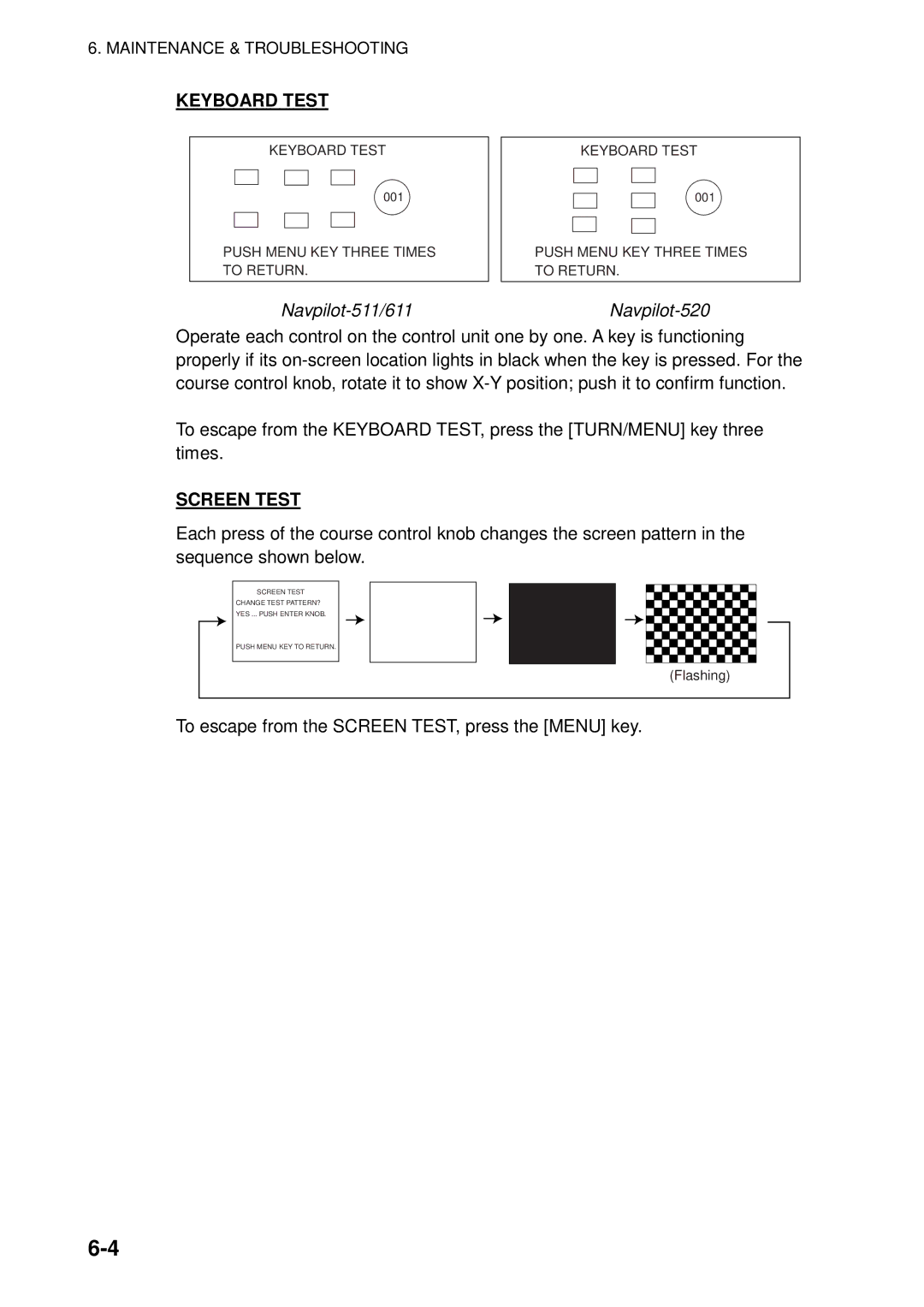 Furuno manual Keyboard Test, Navpilot-511/611 Navpilot-520, Screen Test 