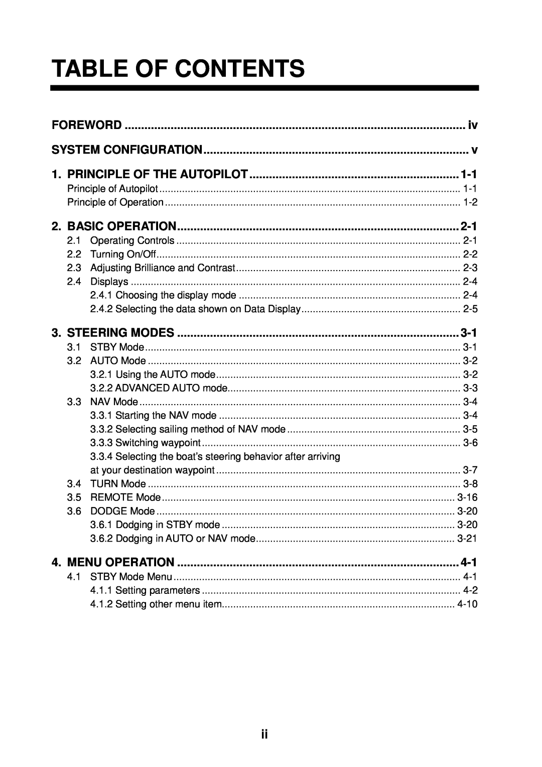 Furuno 520 Table Of Contents, Principle Of The Autopilot, Foreword, System Configuration, Basic Operation, Steering Modes 